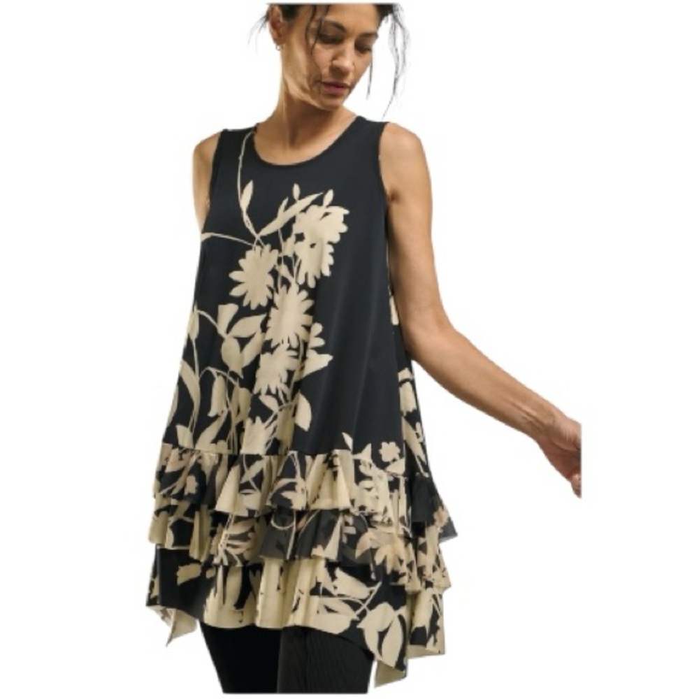 NWT Alembika Goldfinch Floral Sleeveless Tunic Top Ruffle Hem Black Sz 0-US 4-6